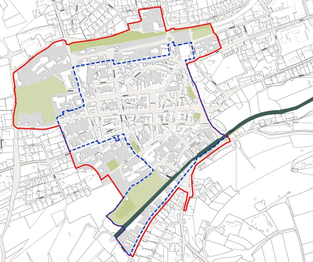 Wunsiedel Untersuchungsgebiet <abbr>ISEK</abbr> (rot), Sanierungsgebiet <abbr>III</abbr> Altstadt (blau)